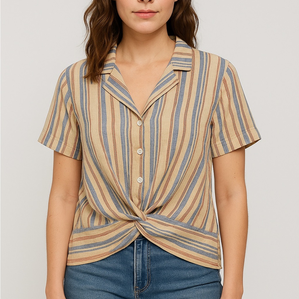 Before You Striped Button-Up Twist Front Blouse – Size S